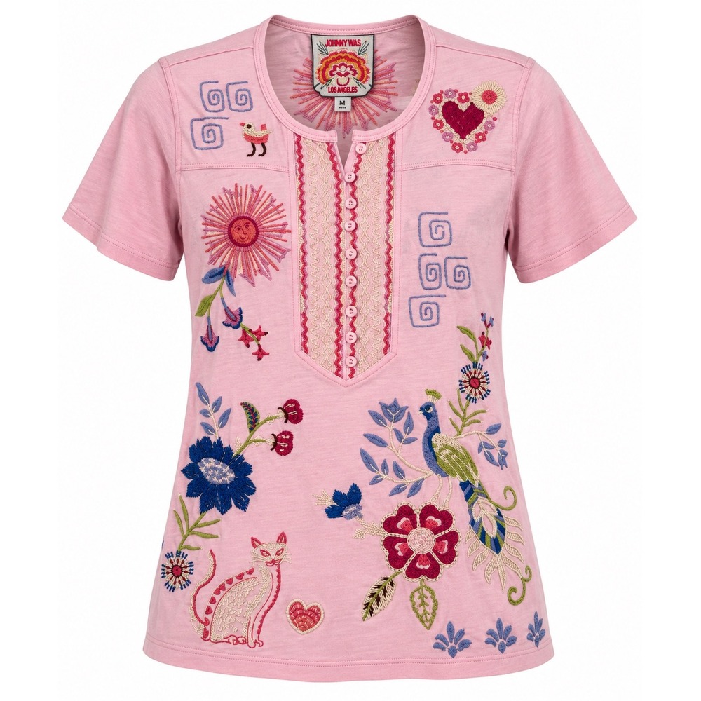 Johnny Was Karissa Henley Top Pink Embroidered Floral Bird Sun S *Flawed